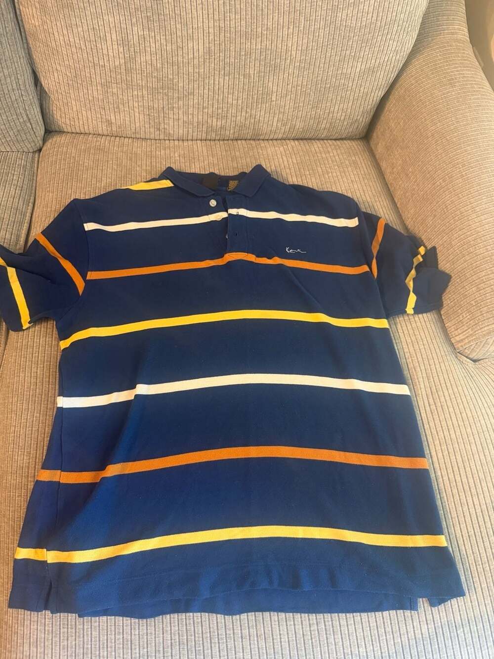 Vintage Karl Kani Gold Men's Striped Polo Shirt Short Sleeve Blue Multi-Color 2X